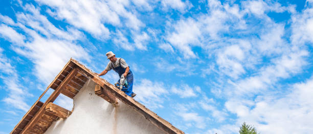 low angle view of a manual worker on a roof.